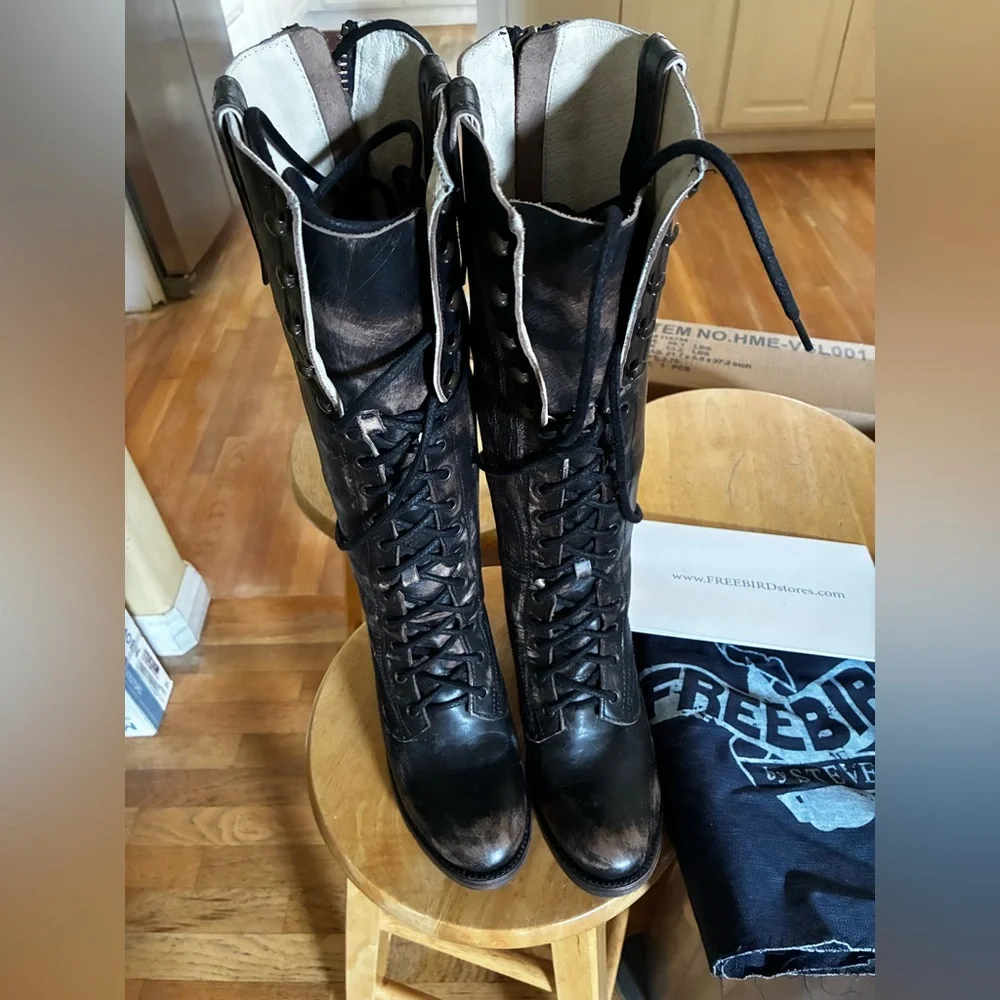 NEW Freebird GRANY "distressed black" Leather Lace-Up Boots - Picture 2 of 7